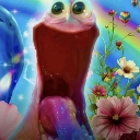 A wide-eyed creature with a massive open mouth and purple tongue, framed by colorful flowers and a rainbow.