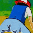 Ash Ketchum from Pokémon performing a twerking dance move.