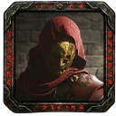 Hooded figure wearing a golden mask looking forward with a serious expression.