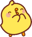 A small yellow chick clapping its wings together with a happy, blushing expression.