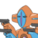 Deoxys holding two handguns in a threatening stance.