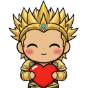 Chibi warrior in golden armor holding a large red heart with a happy expression.