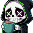 A chibi grim reaper with glowing neon eyes holding a steaming coffee mug.