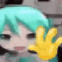 Hatsune Miku waving her hand in a low-resolution pixel art style.