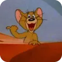 Jerry Mouse smiling and pointing to the side with a mischievous expression.