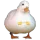 A small, round white duckling walking forward with a confident posture against a black background.