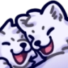 Two white wolves hugging each other with happy expressions.