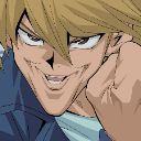 Joey Wheeler from Yu-Gi-Oh with an extremely distorted, elongated chin and a smug, mischievous grin.