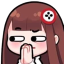 Anime girl with brown hair and a red button accessory looking sideways with a suspicious, scheming expression while pressing…
