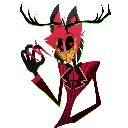 Alastor from Hazbin Hotel with a dark, distorted face and glowing green antlers.