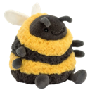 A round, fuzzy bumblebee plushie with yellow and black stripes sitting upright.