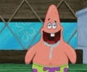 Patrick Star with a vacant, wide-mouthed grin and a clueless expression.