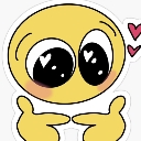 Yellow smiley face with large heart-shaped eyes and hands touching together in a shy, finger-twiddling gesture.