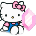 Hello Kitty holding a large pink crystal in her hand.