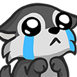 A cartoon wolf pup with giant eyes and blue tears streaming down its face.
