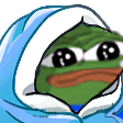 A green frog with large, teary eyes wrapped in a blue blanket.