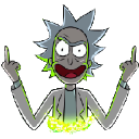 Rick Sanchez flipping the bird with both hands while wearing a crazed expression.