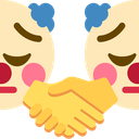 Two pensive clown faces shaking hands in a gesture of mutual agreement.