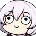 A character with white hair and a vacant, wide-eyed expression with a small, simple smile.