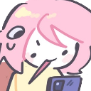 A pink-haired character with a smug expression looking down at a smartphone.