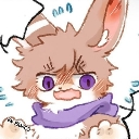 A brown bunny character with purple eyes looking flustered and shy.