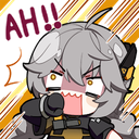 Anime girl with gray hair looking shocked and screaming AH with a stylized background.