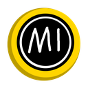 A gold coin with a black center and the letters MI written in white.