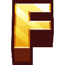 A shiny golden letter F rendered in a pixelated gaming style.