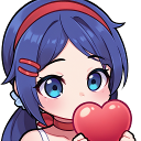 Anime girl with blue hair holding a red heart with a sweet expression.