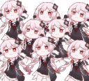 A grid of repeating chibi anime characters dancing with pink hair and black outfits.