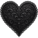 Heart shape decorated with intricate black filigree patterns and a beaded edge.