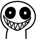 A white circular face with large black eyes and a wide, jagged, toothy grin against a black background.