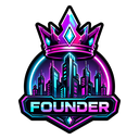 Crown resting above a neon city skyline with the word Founder written on a badge below.