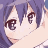 Anime girl with purple hair biting her arm in frustration with a color-shifting background.