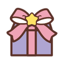 A purple gift box tied with a large pink bow and a yellow star emblem in the center.