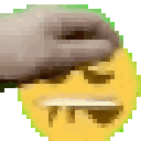 A hand patting the top of a yellow smiley face with a mischievous grin.
