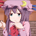 Patchouli Knowledge with purple hair and a pink hat performing a rhythmic finger-pointing dance.