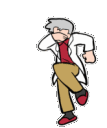 Professor Oak performing a series of energetic dance moves in a pixel art style.