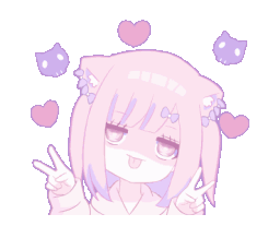 Anime girl with cat ears making a peace sign with a smug expression surrounded by floating hearts.