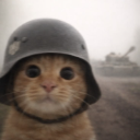 Ginger cat wearing a steel military helmet with a blurred tank in the background.