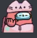 Among Us crewmate wearing a pink cat hat waving with one hand.