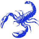 A blue pixelated scorpion with its tail curled up in a striking position.