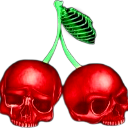 Two red human skulls attached to a single green stem with a rib-like leaf.