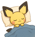 Pichu sleeping peacefully in a bed with a pillow and blue blanket.