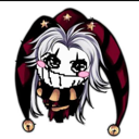 A chibi jester with white hair and a wide, toothy grin wearing a red and black jester hat.