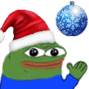 Pepe the Frog wearing a red Santa hat and holding a blue Christmas bauble.