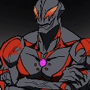 A gray and red armored warrior with glowing orange eyes and a purple chest core standing with arms crossed.