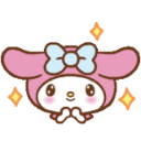 My Melody with wide eyes and a blue bow looking shocked with sparkling effects.