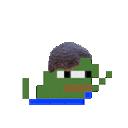 Pepe the Frog with a brown hairstyle dancing in a pixelated style.