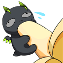 A small black dragon with green horns and wings holding and biting into a large yellow banana.